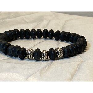 Dark Gray Stone Beaded Bracelet 6.75" Stretch Cord Handmade Silver‑Tone Accents